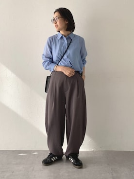 「nissen（ニッセン）の【選べる２タイプ】シアーストライプシャツ＜大きいサイズ有＞（シャツ/ブラウス、ブルー系）」を使った、あやぱんさん（レディース・157cm）の春コーディネート