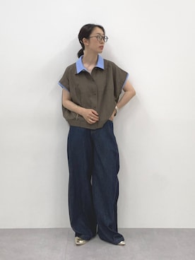「nissen（ニッセン）のリネンライク重ね着風コクーンシャツ［Soiunique］（シャツ/ブラウス、ブラウン系）」を使った、あやぱんさん（レディース・157cm）の夏コーディネート