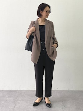 「nissen（ニッセン）の【袖丈が選べる2タイプ】麻調合繊ダブルブレストジャケット(しわになりにくい・接触冷感・UVカット・ウォッシャブル)<大きいサイズ有>（ジャケット/アウター、ブラウン系）」を使った、あやぱんさん（レディース・157cm）の春コーディネート