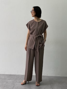 「7days Life Styling（セブンデイズライフスタイリング）の麻調合繊共布ベルト付ワイドパンツ（しわになりにくい・接触冷感・ＵＶカット・洗える）（スラックス、ブラウン系）」を使った、あやぱんさん（レディース・157cm）の春コーディネート