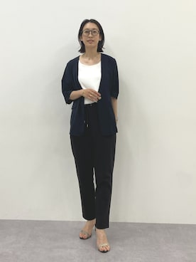 「nissen（ニッセン）のサラサラ裏メッシュ綿混ストレッチドロストジョガーパンツ（接触冷感・吸汗速乾・UVカット）＜大きいサイズ有＞（パンツ、ブラック系）」を使った、あやぱんさん（レディース・157cm）の夏コーディネート