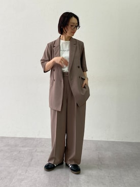 「nissen（ニッセン）の麻調合繊半袖ダブルブレストジャケット(しわになりにくい・接触冷感・UVカット・ウォッシャブル)<大きいサイズ有>（ジャケット/アウター、ブラウン系）」を使った、あやぱんさん（レディース・157cm）の春コーディネート