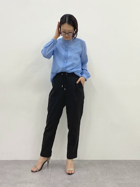 「nissen（ニッセン）のサラサラ裏メッシュ綿混ストレッチドロストジョガーパンツ（接触冷感・吸汗速乾・UVカット）＜大きいサイズ有＞（パンツ、ブラック系）」を使った、あやぱんさん（レディース・157cm）の夏コーディネート