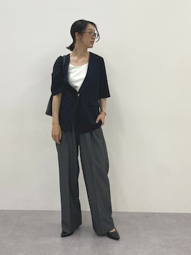 「nissen（ニッセン）のシアーノーカラー５分袖ジャケット（接触冷感・UVカット・洗濯機OK）＜大きいサイズ有＞（ジャケット/アウター、ブラック系）」を使った、あやぱんさん（レディース・157cm）の夏コーディネート