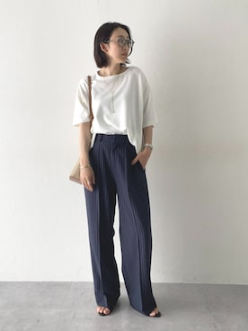 「nissen（ニッセン）のストライプタックワイドパンツ（しわになりにくい・速乾・UVカット）＜大きいサイズ有＞（スラックス、ブルー系）」を使った、あやぱんさん（レディース・157cm）の春コーディネート