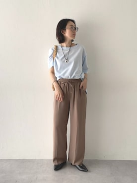 「nissen（ニッセン）の【しわシャキ】イージーセミフレアパンツ（防しわ・形態安定・接触冷感・UVカット）＜大きいサイズ有＞（パンツ、ブラウン系）」を使った、あやぱんさん（レディース・157cm）の春コーディネート