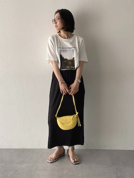 「nissen（ニッセン）の【接触冷感・吸水速乾】 ひんやり素材フォトプリント半袖Tシャツ ［Soiunique］（Tシャツ/カットソー、ホワイト系）」を使った、あやぱんさん（レディース・157cm）の春コーディネート