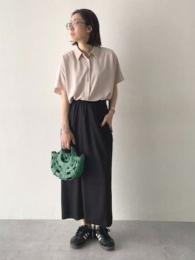 「nissen（ニッセン）の【接触冷感】楽ちん美シルエット！ランダムテレコリブスカート＜大きいサイズ有＞（スカート、ブラック系）」を使った、あやぱんさん（レディース・157cm）の春コーディネート