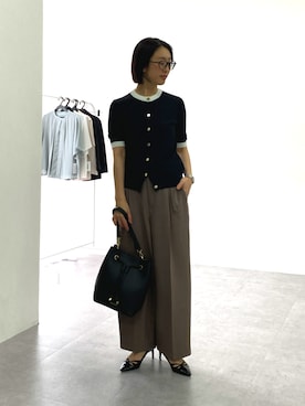 「nissen（ニッセン）の麻調合繊共布ベルト付ワイドパンツ（しわになりにくい・接触冷感・ＵＶカット・ウォッシャブル）<大きいサイズ有>（パンツ、ブラウン系）」を使った、あやぱんさん（レディース・157cm）の春コーディネート