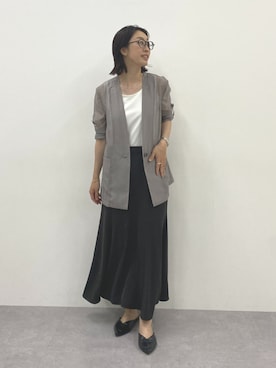 「nissen（ニッセン）のシアーカラーレスジャケット　洗濯機OK＜大きいサイズ有＞（ジャケット/アウター、グレー系）」を使った、あやぱんさん（レディース・157cm）の夏コーディネート