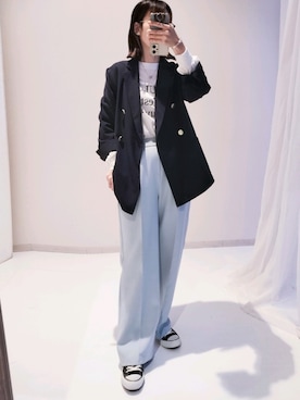 「アイテム（Tシャツ/カットソー、ブルー系）」を使った、あやぱんさん（レディース・157cm）の冬コーディネート