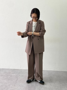 「nissen（ニッセン）の【袖丈が選べる2タイプ】麻調合繊ダブルブレストジャケット(しわになりにくい・接触冷感・UVカット・ウォッシャブル)<大きいサイズ有>（ジャケット/アウター、ブラウン系）」を使った、あやぱんさん（レディース・157cm）の春コーディネート