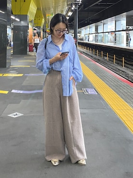「nissen（ニッセン）のリネンライクセンターシーム入ワイドパンツ（UVカット・吸汗速乾・防シワ）＜大きいサイズ有＞（スウェットパンツ、ブラウン系）」を使った、あやぱんさん（レディース・157cm）の夏コーディネート