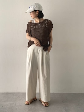 「nissen（ニッセン）のテープヤーンニットトップス（ニット/セーター、ブラウン系）」を使った、あやぱんさん（レディース・157cm）の春コーディネート