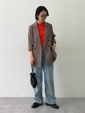 「nissen（ニッセン）のゆるフィットワイドパンツ(選べる2レングス)（デニムパンツ、ブルー系）」を使った、あやぱんさん（レディース・157cm）の春コーディネート