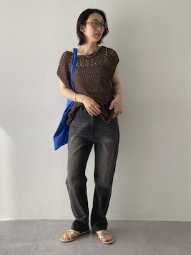 「nissen（ニッセン）のテープヤーンニットトップス（ニット/セーター、ブラウン系）」を使った、あやぱんさん（レディース・157cm）の春コーディネート