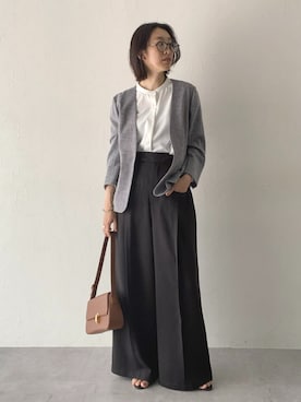 「nissen（ニッセン）の洗える麻調合繊７分袖ストレッチノーカラージャケット（接触冷感・防しわ・ストレッチ・UVカット）（ノーカラージャケット、グレー系）」を使った、あやぱんさん（レディース・157cm）の春コーディネート