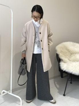 「レディースファッション」｜「アイテム（ノーカラーコート）」を使った、あやぱんさん（レディース・157cm）の冬コーディネート