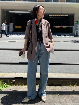 「nissen（ニッセン）のゆるフィットワイドパンツ(選べる2レングス)＜大きいサイズ有＞（パンツ、ブルー系）」を使った、あやぱんさん（レディース・157cm）の春コーディネート