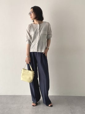 「nissen（ニッセン）のストライプタックワイドパンツ（しわになりにくい・速乾・UVカット）＜大きいサイズ有＞（スラックス、ブルー系）」を使った、あやぱんさん（レディース・157cm）の春コーディネート