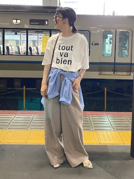 「nissen（ニッセン）のリネンライクセンターシーム入ワイドパンツ（UVカット・吸汗速乾・防シワ）＜大きいサイズ有＞（スウェットパンツ、ブラウン系）」を使った、あやぱんさん（レディース・157cm）の夏コーディネート