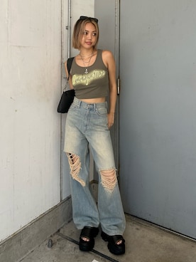 「アイテム（タンクトップ、グリーン系）」を使った、MINAMIさん（レディース・163cm）の夏コーディネート