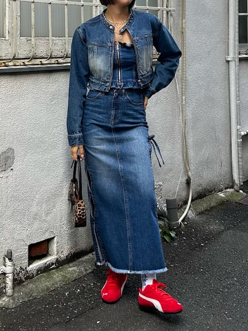 セール】サイドリボンカットロングデニムスカート【セットアップ着用