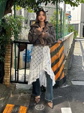 「フレアデニム」｜「アイテム（ムートンコート）」を使った、MINAMIさん（レディース・163cm）の秋コーディネート