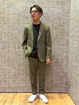「Grand PARK（グランドパーク）のリネンライクポリエステルテーラードジャケット（テーラードジャケット、グリーン系）」を使った、Grand PARK MENSさん（メンズ・168cm）の春コーディネート