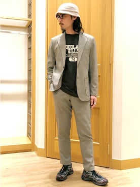 「Grand PARK（グランドパーク）のリネンライクポリエステルテーラードジャケット（テーラードジャケット、グレー系）」を使った、Grand PARK MENSさん（メンズ・168cm）の春コーディネート