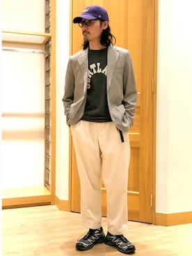 「Grand PARK（グランドパーク）のリネンライクポリエステルテーラードジャケット（テーラードジャケット、グレー系）」を使った、Grand PARK MENSさん（メンズ・168cm）の春コーディネート