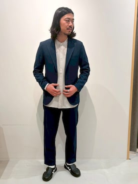 「Grand PARK（グランドパーク）のリネンライクポリエステルテーラードジャケット（テーラードジャケット、ブルー系）」を使った、Grand PARK MENSさん（メンズ・168cm）の春コーディネート