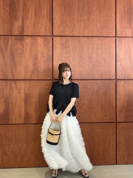 「MERAKI（メラキ）のリボンフリルトップス（その他トップス、ブラック系）」を使った、あすchanさん（レディース・157cm）の夏コーディネート