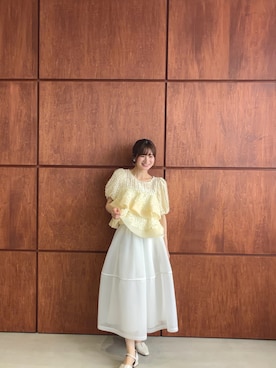 「MERAKI（メラキ）のシアージャガード2段フリルトップス（その他トップス、イエロー系）」を使った、あすchanさん（レディース・157cm）の夏コーディネート