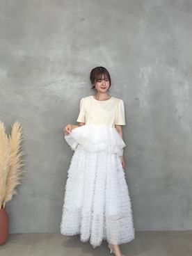 「MERAKI（メラキ）のカーブラインチュールフリルトップス（その他トップス、イエロー系）」を使った、あすchanさん（レディース・157cm）の夏コーディネート