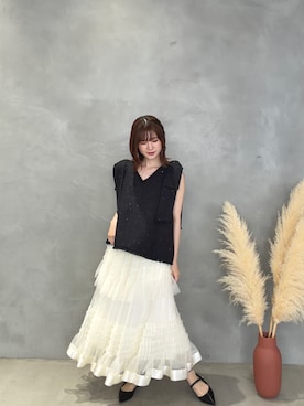「MERAKI（メラキ）のツイードリボンジレ（ベスト、ブラック系）」を使った、あすchanさん（レディース・157cm）の夏コーディネート