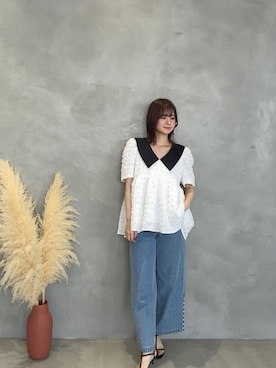 「MERAKI（メラキ）のふくれジャガードビッグカラートップス（その他トップス、ホワイト系）」を使った、あすchanさん（レディース・157cm）の夏コーディネート