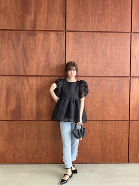 「MERAKI（メラキ）のオーガンジーシアーボリュームトップス（その他トップス、ブラック系）」を使った、あすchanさん（レディース・157cm）の夏コーディネート