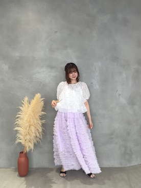 「MERAKI（メラキ）のシアージャガード2段フリルトップス（その他トップス、ホワイト系）」を使った、あすchanさん（レディース・157cm）の夏コーディネート