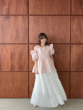 「MERAKI（メラキ）のオフショルパフスブラウス（シャツ/ブラウス、ピンク系）」を使った、あすchanさん（レディース・157cm）の夏コーディネート