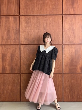「MERAKI（メラキ）のふくれジャガードビッグカラートップス（その他トップス、ブラック系）」を使った、あすchanさん（レディース・157cm）の夏コーディネート