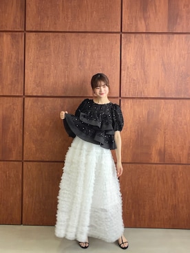 「MERAKI（メラキ）のシアージャガード2段フリルトップス（その他トップス、ブラック系）」を使った、あすchanさん（レディース・157cm）の夏コーディネート