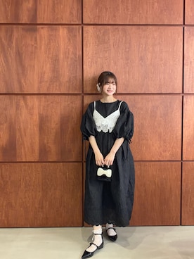 「MERAKI（メラキ）のバルーンスリーブジャガードワンピース（ワンピース、ブラック系）」を使った、あすchanさん（レディース・157cm）の夏コーディネート