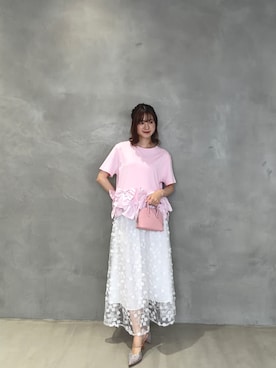 「MERAKI（メラキ）のダブルリボンフリルトップス（その他トップス、ピンク系）」を使った、あすchanさん（レディース・157cm）の夏コーディネート