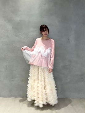 「MERAKI（メラキ）のチュールフリルフレアトップス（その他トップス、ピンク系）」を使った、あすchanさん（レディース・157cm）の春コーディネート