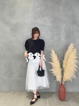「MERAKI（メラキ）のパフスリーブリボントップス（その他トップス、ブラック系）」を使った、あすchanさん（レディース・157cm）の夏コーディネート