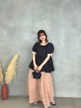 「MERAKI（メラキ）のハートジャガードペプラムトップス（その他トップス、ブラック系）」を使った、あすchanさん（レディース・157cm）の夏コーディネート
