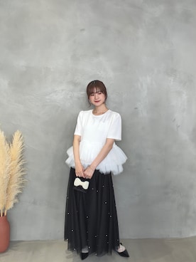 「MERAKI（メラキ）のカーブラインチュールフリルトップス（その他トップス、ホワイト系）」を使った、あすchanさん（レディース・157cm）の夏コーディネート