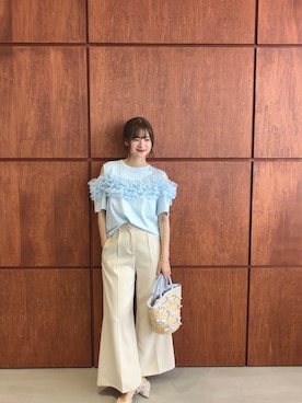 「MERAKI（メラキ）のフリルオフショルトップス（その他トップス、ブルー系）」を使った、あすchanさん（レディース・157cm）の夏コーディネート