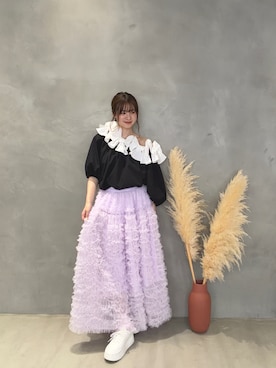 「MERAKI（メラキ）のボリュームリボンオフショルブラウス（シャツ/ブラウス、ブラック系）」を使った、あすchanさん（レディース・157cm）の夏コーディネート